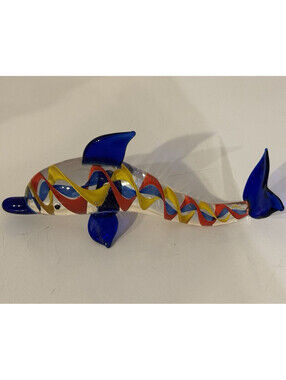 Glass Dolphin Figurine Multicolor Swirl Ribbon Blue Fins 6 in L and 2.5 in H.